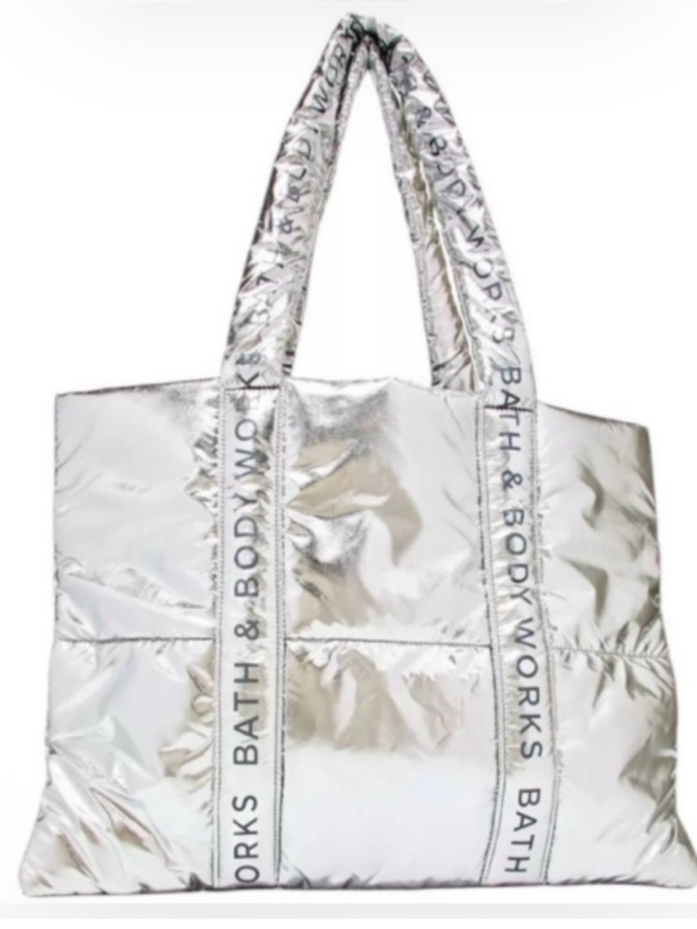 Bath & Body Works Silver Metallic Quilted Logo Strap Tote